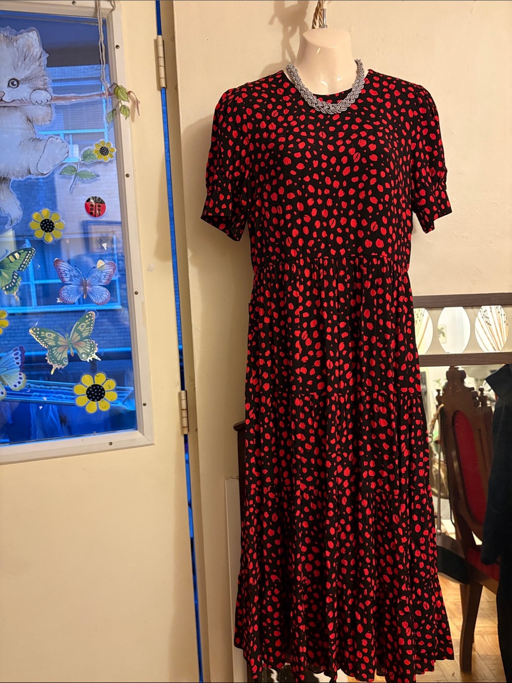 Black Maxi Dress with Red Spot Print — Classic Women's Maxi. Viscose